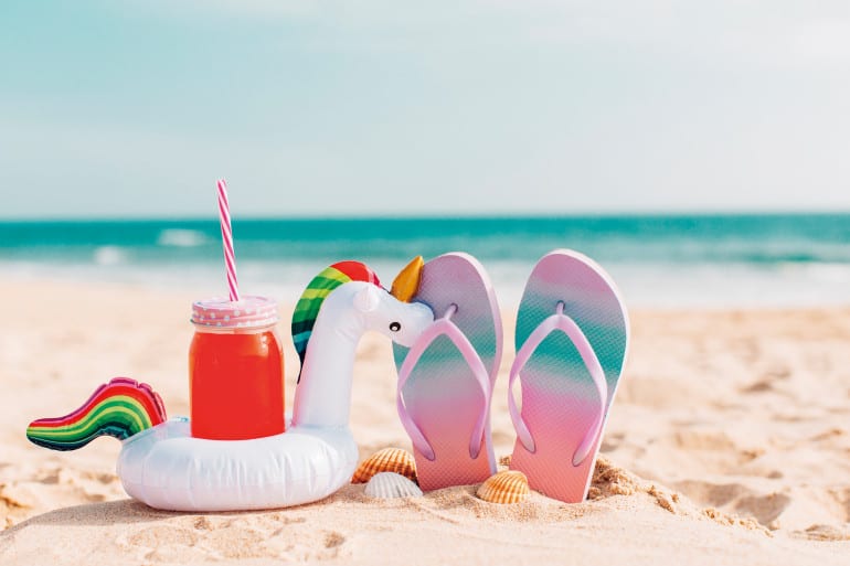 summer flip flops with smoothies and unicorns